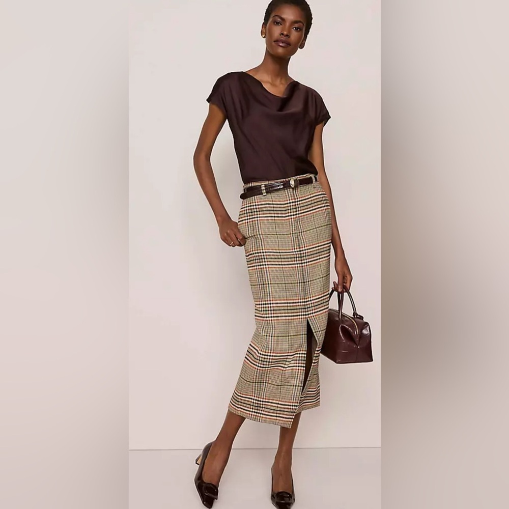 Trouser Column Midi Skirt in Chocolate Plaid